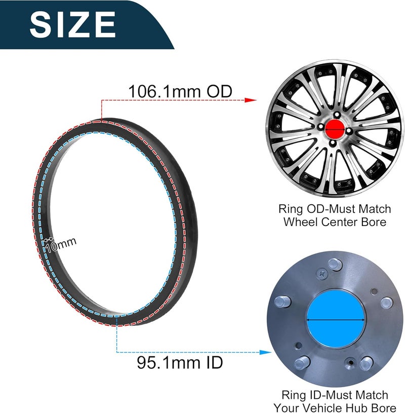 TUCKBOLD Car Wheel Hub Centric Rings Durable Wheels Center Shaft Shock Absorbing Hubrings Black 2 Pcs OD 106.1mm to ID 95.1 mm Polycarbonate - Image 3